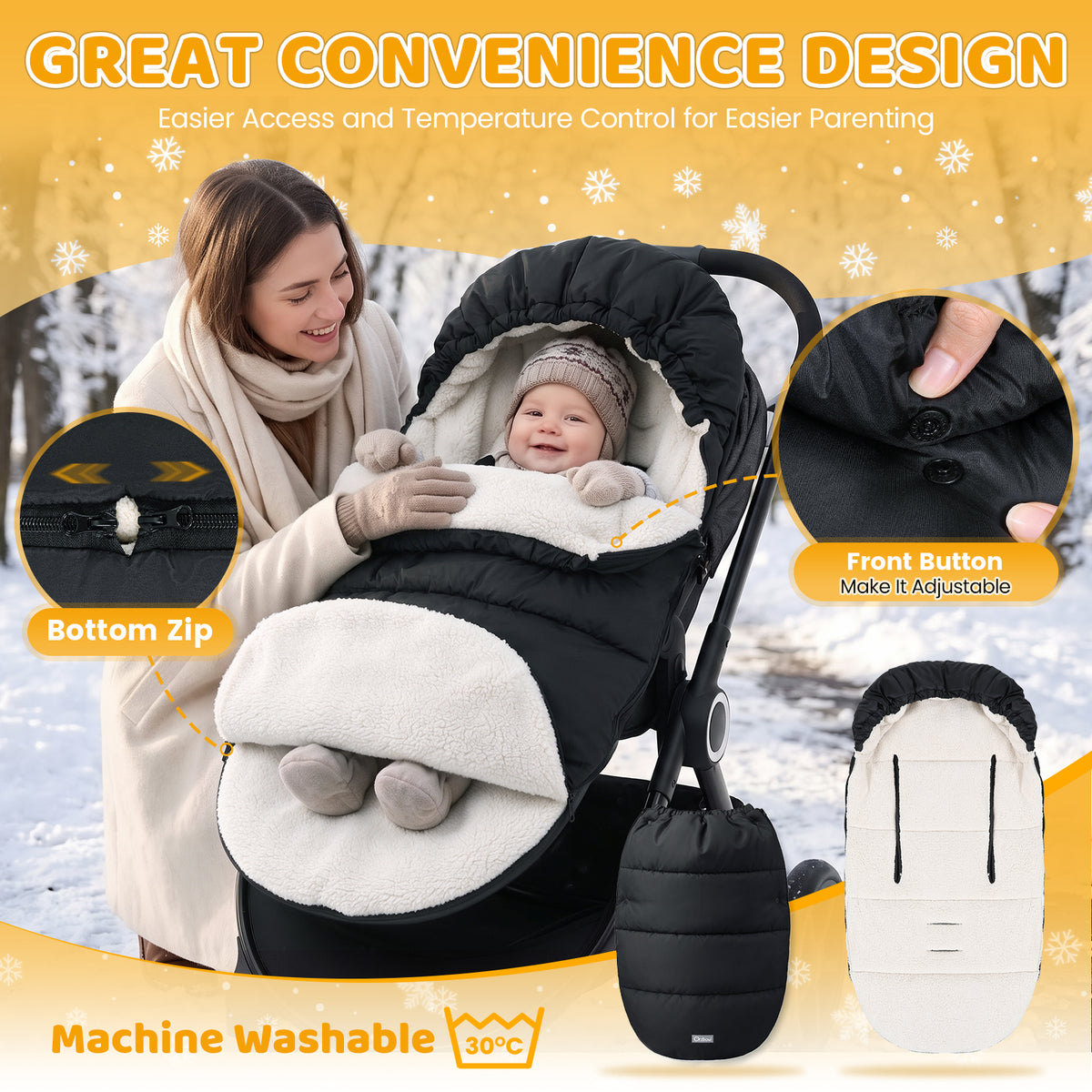 Orzbow Fußsack Kinderwagen Winter, Sherpa Fleece, Reißverschluss, Schwarz Fußsack Buggy Fusssack Kinderwagen Baby Winter, Abnehmbar, Maschinenwaschbar, Universelle & Wasserabweisendem, 90*48cm