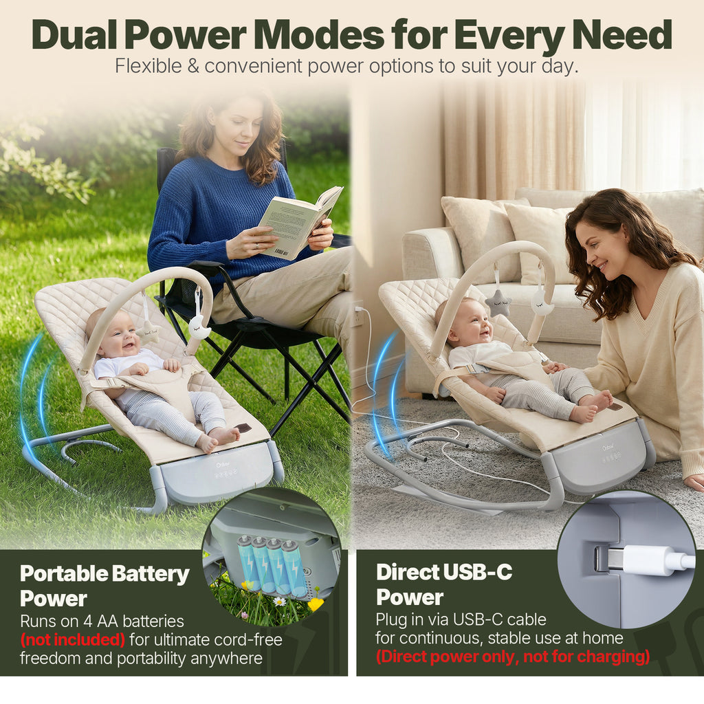 Electric Baby Rocker Chair & Infant Seat, 3-Speed Auto-Rock, Up to 20 lbs, Timer 30/60Min, 8 Soothing Melodies, 3 Recline Positions, 5 Volume Levels, Battery or Plug-In Powered, Machine-Washable Cover