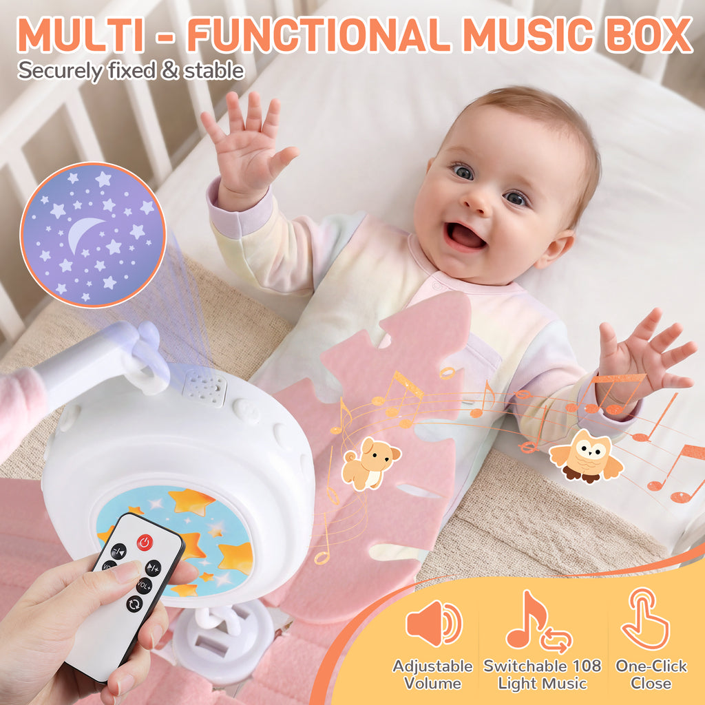 Orzbow Crib Mobile with Music and Lights, Cute Animal Design, Baby Mobile Infant Boys Girls,Rotation, Remote Control, Adjustable Nursery Hanging Toys