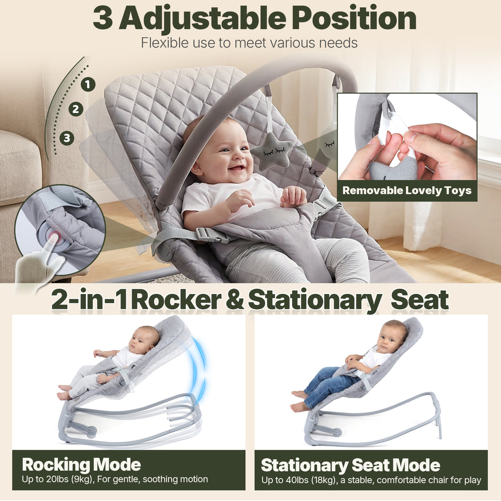 Electric Baby Rocker Chair & Infant Seat, 3-Speed Auto-Rock, Up to 20 lbs, Timer 30/60Min, 8 Soothing Melodies, 3 Recline Positions, 5 Volume Levels, Battery or Plug-In Powered, Machine-Washable Cover