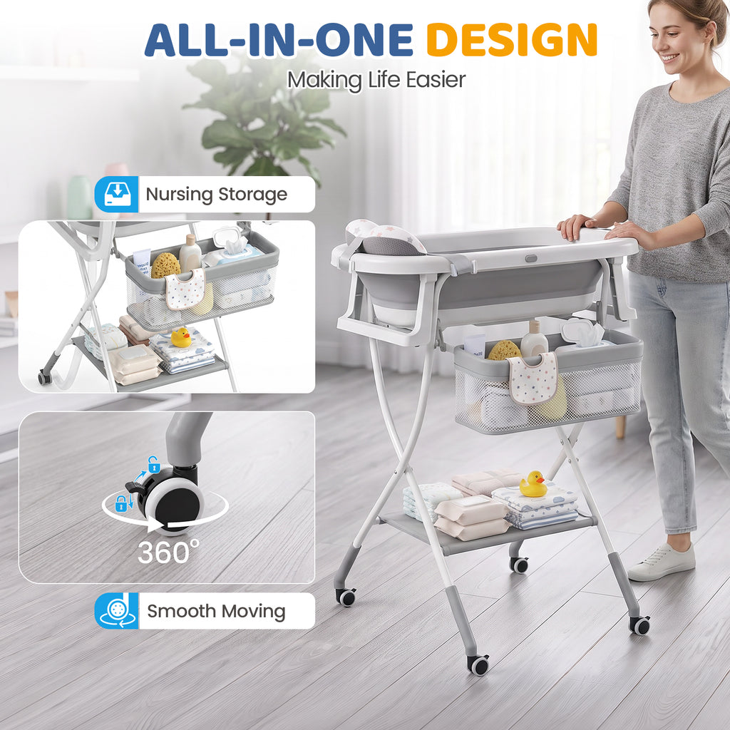 Orzbow klappbare Babybadewanne mit Ständer, höhenverstellbar, Babybadewanne mit Rollen, weichem Kissen und Thermometer, Badestation mit Ablagefach für Neugeborene und Säuglinge, platzsparend zusammenklappbar