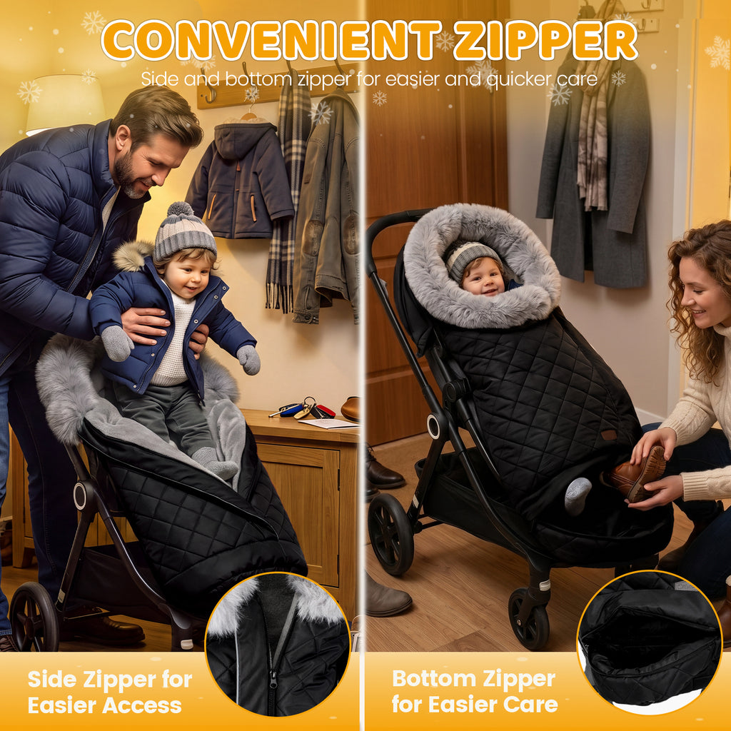 Orzbow Stroller Footmuff with Faux Fur Collar, Weather-Proof Bunting Bag, Warm Cozy Blanket Cover with Reflective Strips & Extended Footmuff, Easily Attaches to Most Strollers, Baby Winter Essentials