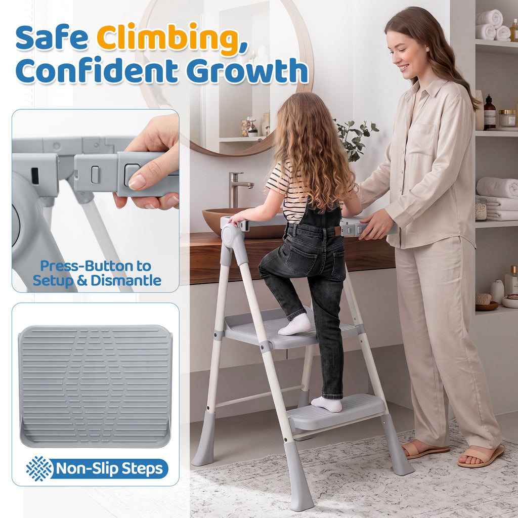 Orzbow Toddler Step Stool, Foldable Learning Tower, 2-Step Steel A-frame, Safety Rail and Mesh Net, for 18 Months-6 Years, up to 100cm, Folds Flat for Compact Storage