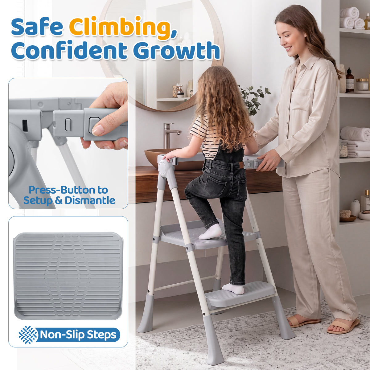 Orzbow Toddler Step Stool, Foldable Learning Tower, 2-Step Steel A-frame, Safety Rail and Mesh Net, for 18 Months-6 Years, up to 100cm, Folds Flat for Compact Storage