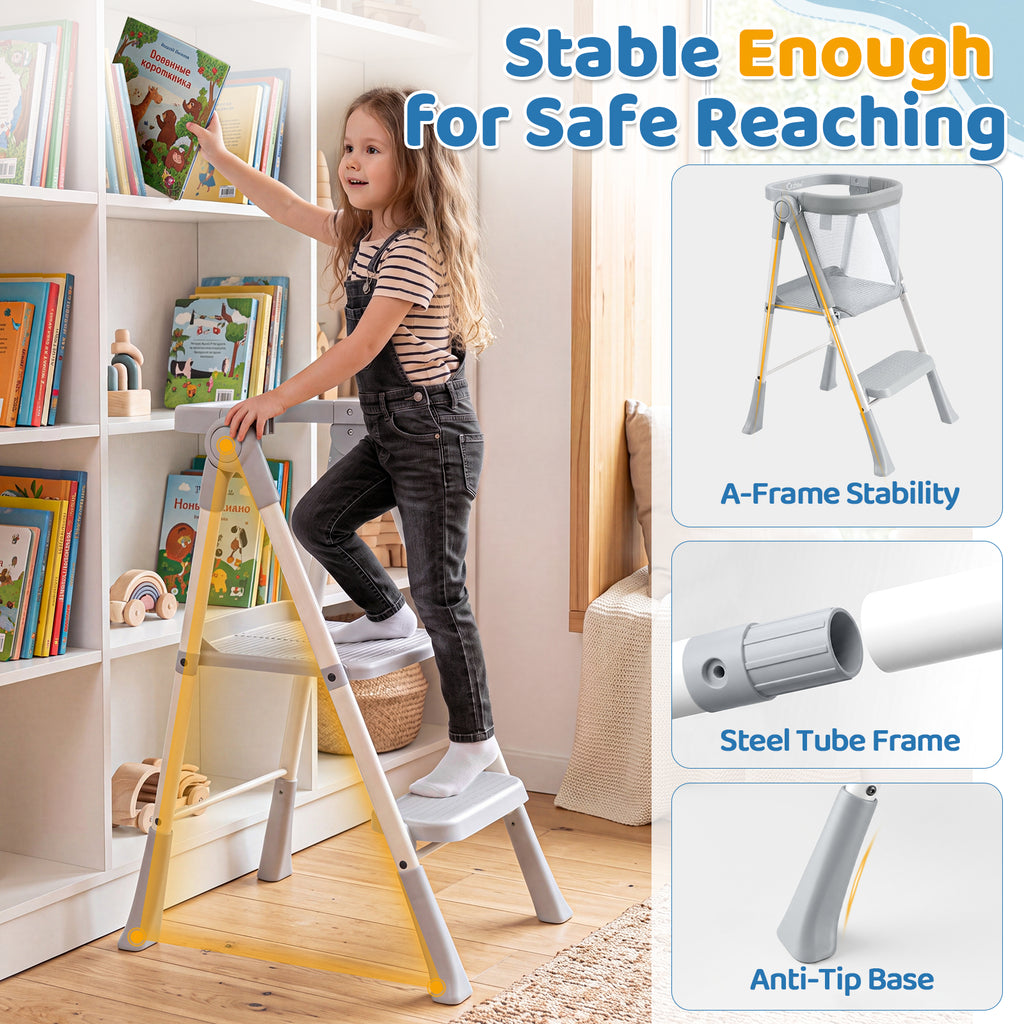 Orzbow Toddler Step Stool, Foldable Learning Tower, 2-Step Steel A-frame, Safety Rail and Mesh Net, for 18 Months-6 Years, up to 100cm, Folds Flat for Compact Storage