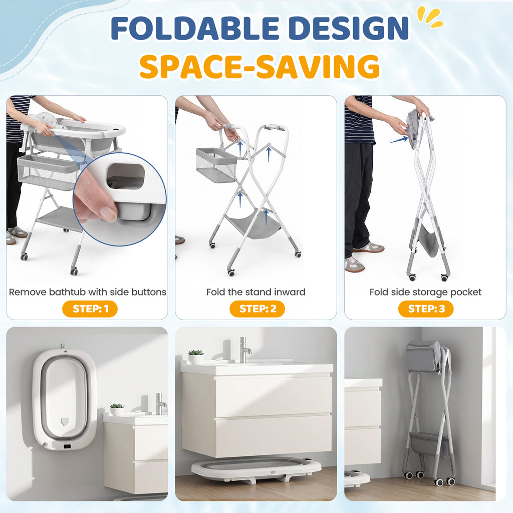 Orzbow klappbare Babybadewanne mit Ständer, höhenverstellbar, Babybadewanne mit Rollen, weichem Kissen und Thermometer, Badestation mit Ablagefach für Neugeborene und Säuglinge, platzsparend zusammenklappbar