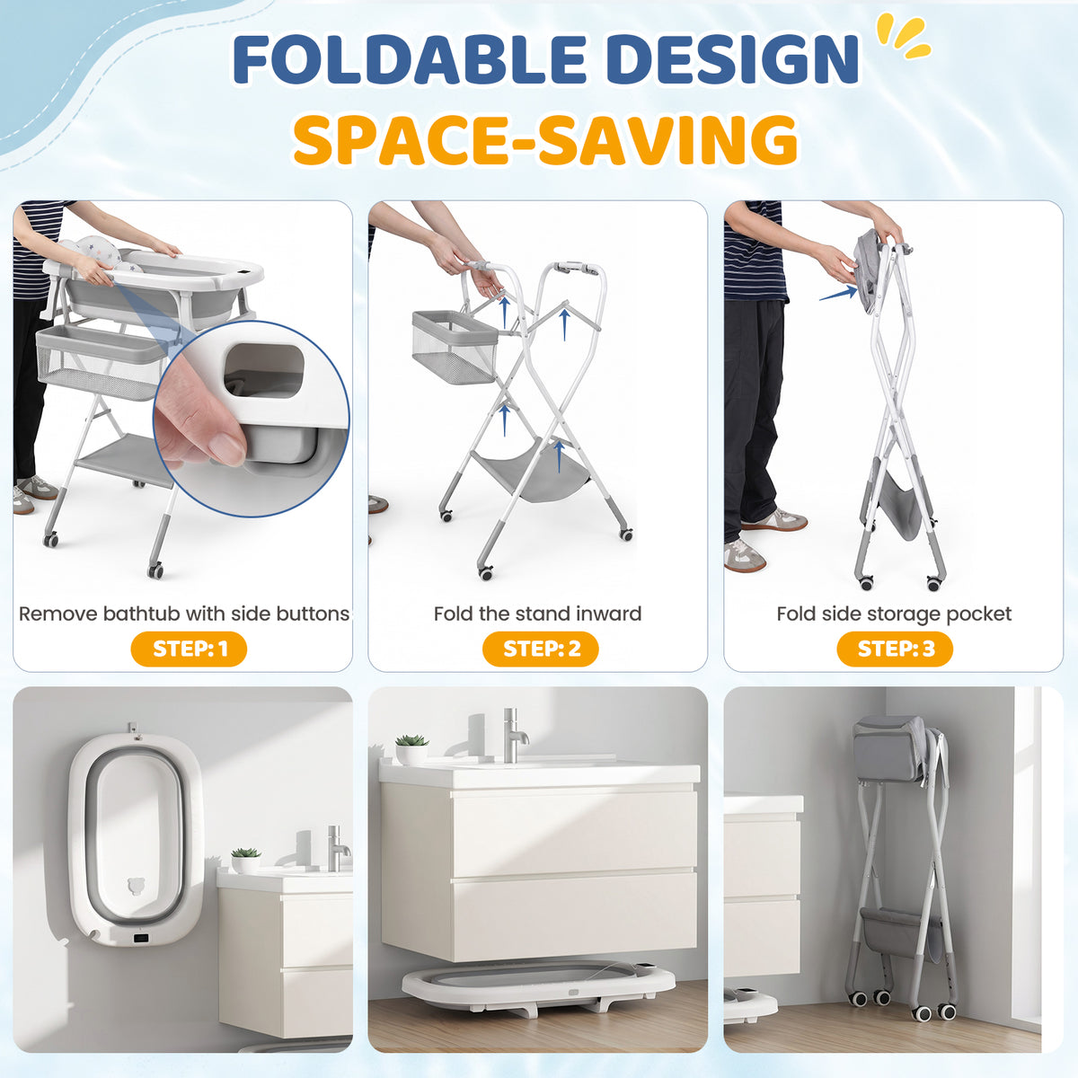 Orzbow klappbare Babybadewanne mit Ständer, höhenverstellbar, Babybadewanne mit Rollen, weichem Kissen und Thermometer, Badestation mit Ablagefach für Neugeborene und Säuglinge, platzsparend zusammenklappbar
