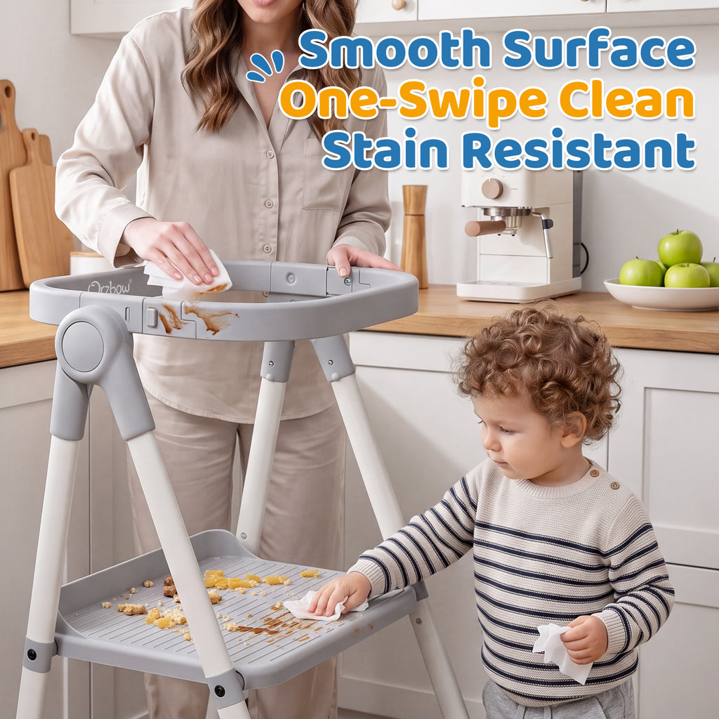 Orzbow Toddler Step Stool, Foldable Learning Tower, 2-Step Steel A-frame, Safety Rail and Mesh Net, for 18 Months-6 Years, up to 100cm, Folds Flat for Compact Storage