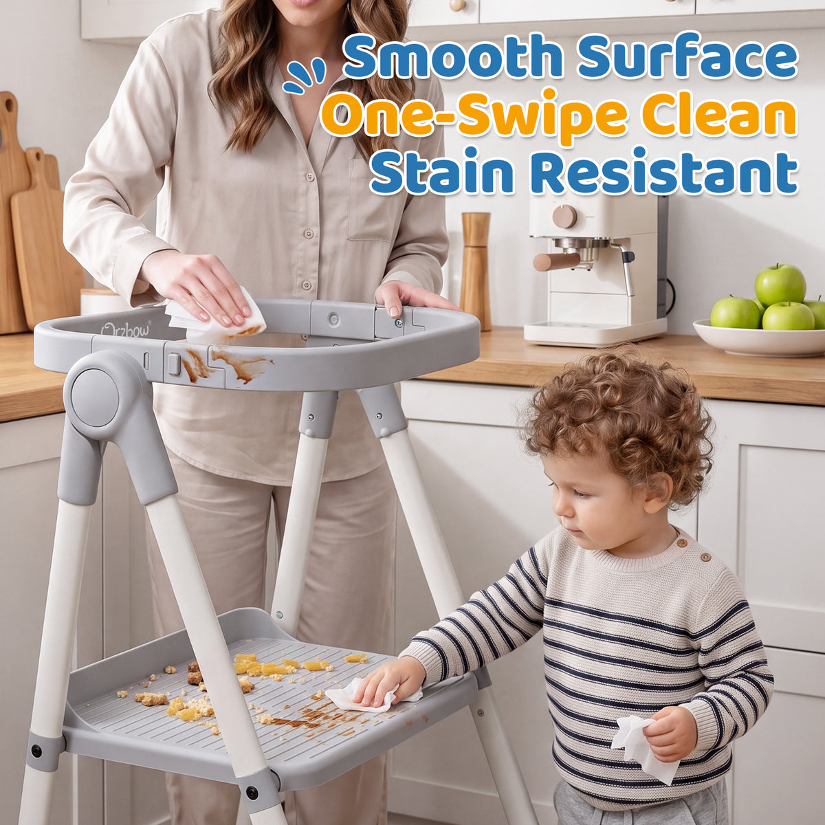 Orzbow Toddler Step Stool, Foldable Learning Tower, 2-Step Steel A-frame, Safety Rail and Mesh Net, for 18 Months-6 Years, up to 100cm, Folds Flat for Compact Storage